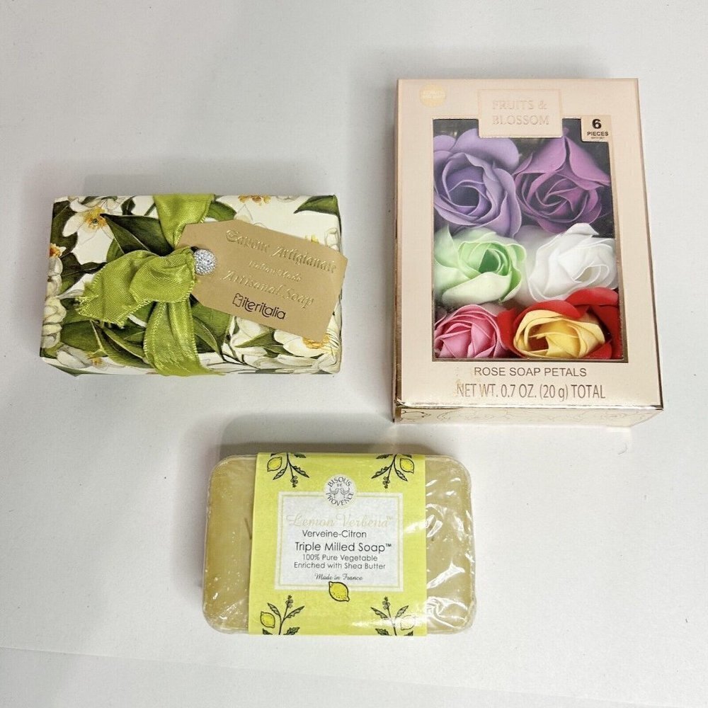 Mixed Lot of 3 NEW Artisanal Soaps Bars Rose Petals Gifts Scented